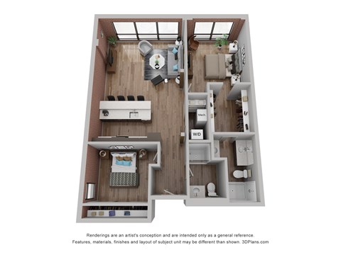 Floor plan for 2 beds, 2 baths, 1055 sqft